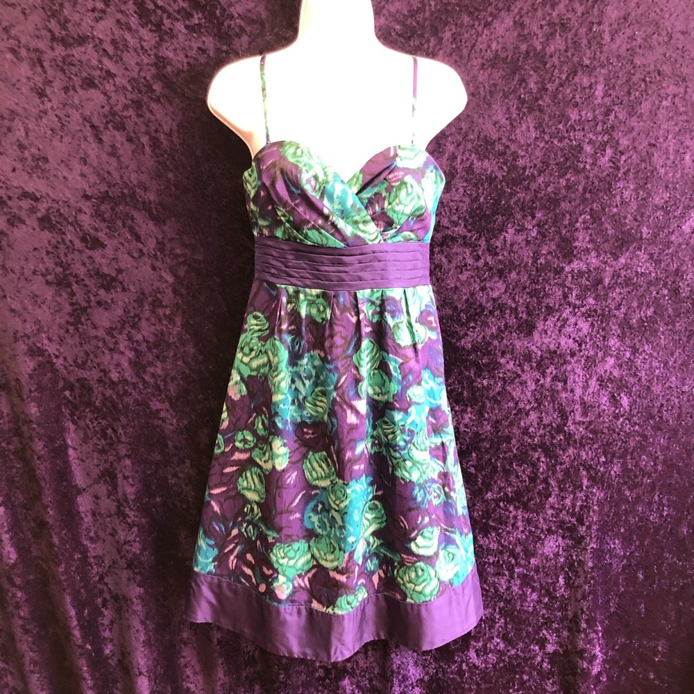 Teal/Eggplant Floral Moulinette Soeurs Adjustable Spaghetti Strap Dress Size 4